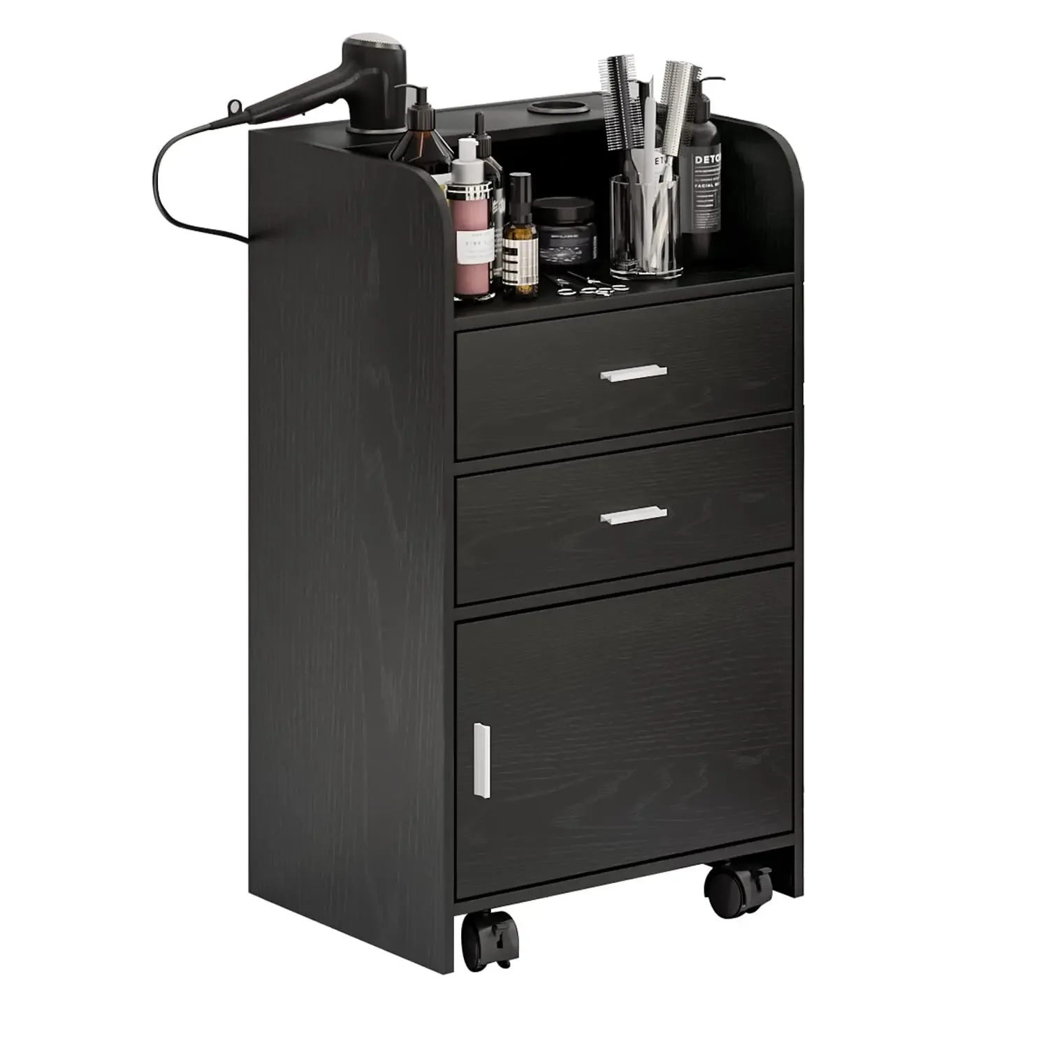 

Salon Station on Wheels Hair Stylist Storage Cabinet Barber Stations with 2 Drawers Black Beauty Furniture