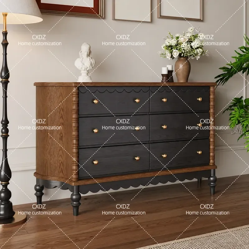 Medieval Style Solid Wood Chest Cabinet French Retro 6 Drawer Ash Wood Ripple Design Bedroom Storage Dining Side Cabinet