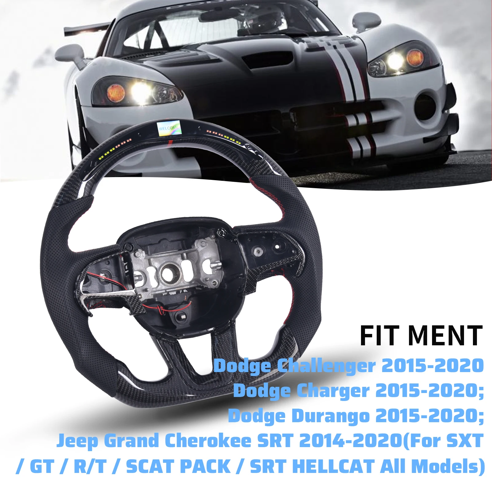 . Fiber Steering Wheel for Dodge Charger/Challenger/Durango and for Jeep Grand Cherokee 2015-2020 D-Shape Flat Bottom