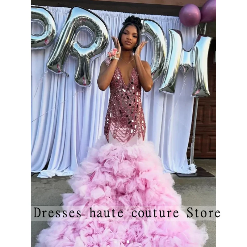 

Роскошное длинное платье для выпускного вечера с бриллиантами 2025 для черных девочек, вечернее платье с рюшами и кристаллами и стразами на день рождения, по индивидуальному заказу