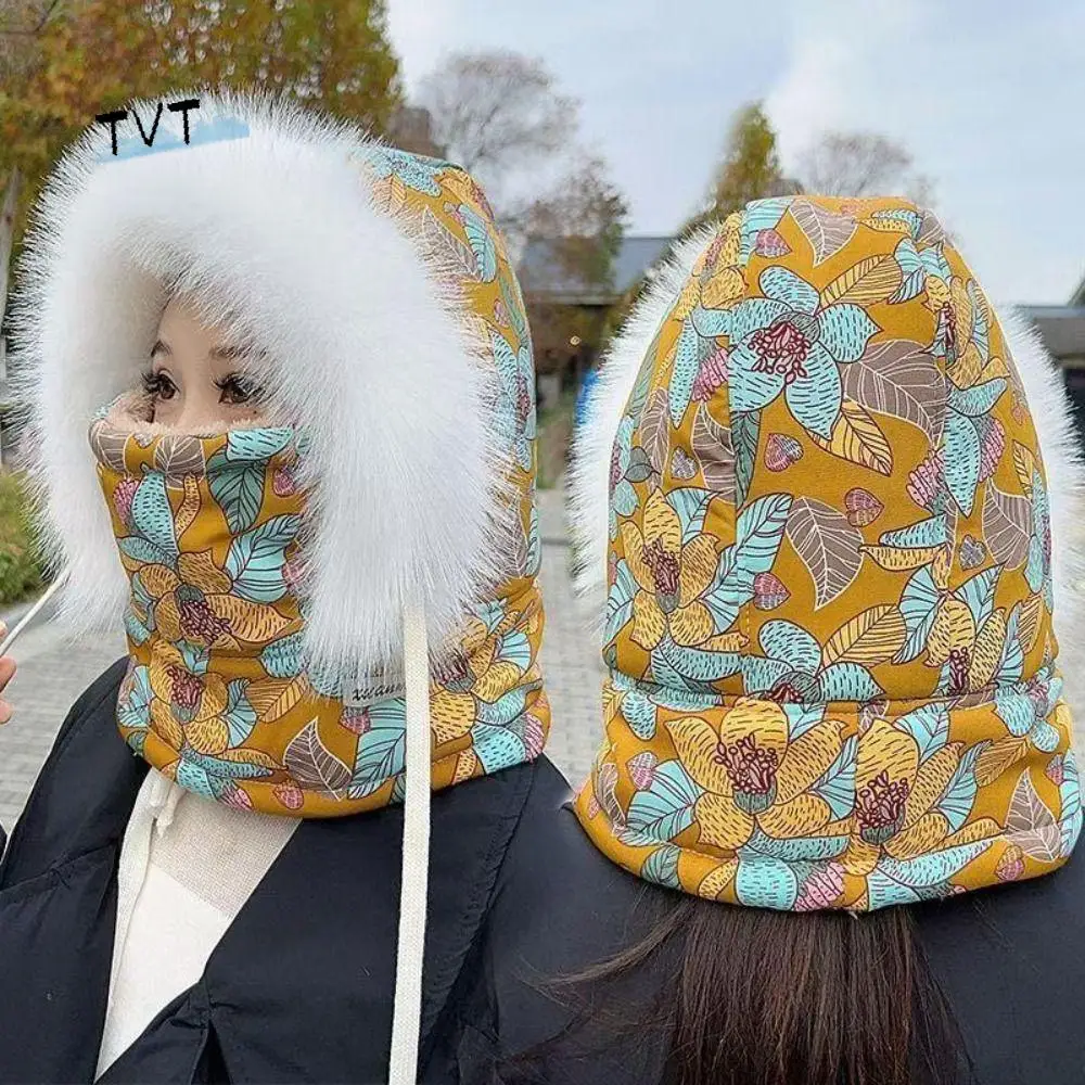 

Windproof 3-in-1 Winter Cycling Hat Cold Resistant Flower Print Warm Scarf Face Mask Plaid Neck Warmer Lei Feng Hat Women
