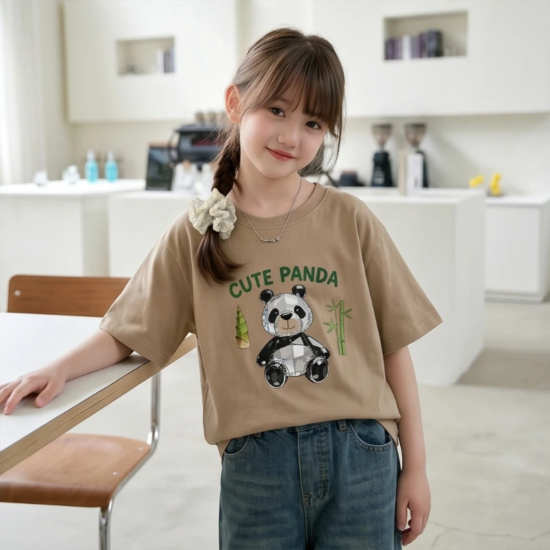

Girls Cute Panda Cotton T-Shirt Faux Rhinestone Bamboo Print Short Sleeve Casual Tee