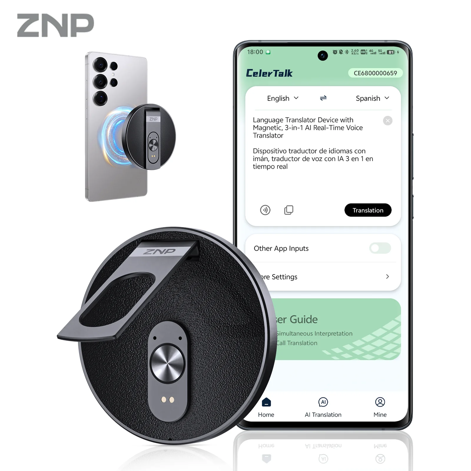ZNP Ultradünner KI-Sprachübersetzer Sofortige Professionelle Tragbare Kabellose Magnetische Faltbare Telefonhalterung 50 Std. Wiedergabe für Büro