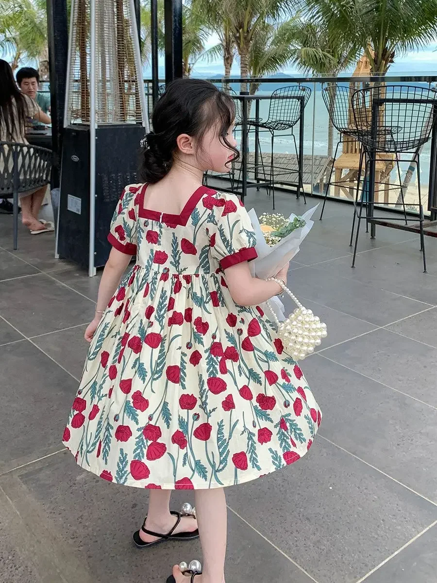 Kids Girls Floral Printed Dress 2024 New Arrival Children Princess Rose Print Summer Dress Teenage Girls Sweet Bow Dresses