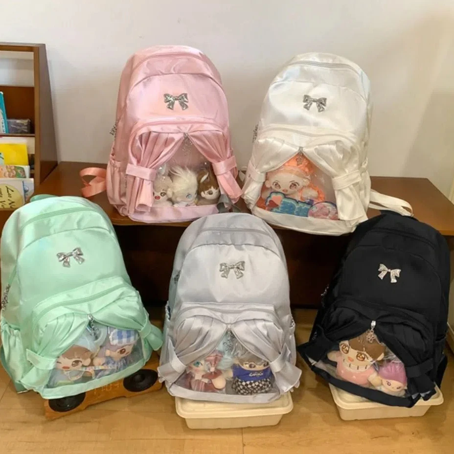 

Large Capacity Transparent Pocket Curtain Backpack Nylon Creative Cotton Doll Itabag Bow Clear Badge Display Ita Bag Lolita