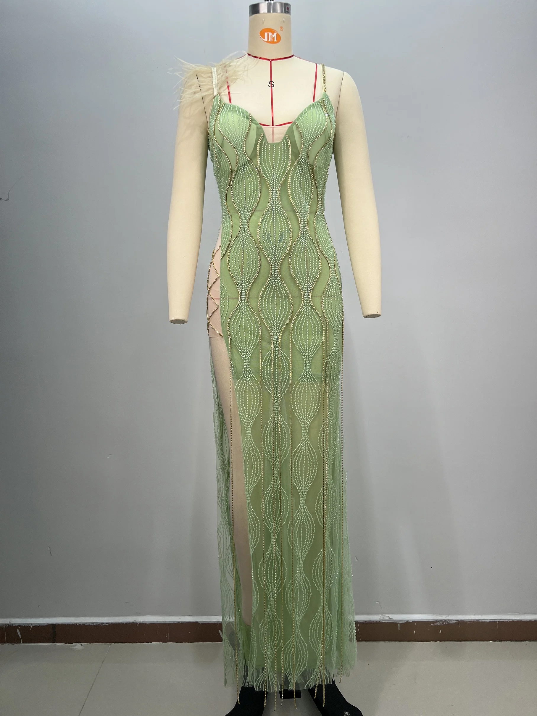 Women's Sage Green Sequin Bandage Dress Feather Trim Deep V Neck High Slit Mermaid Evening Gown Formal Party Wear