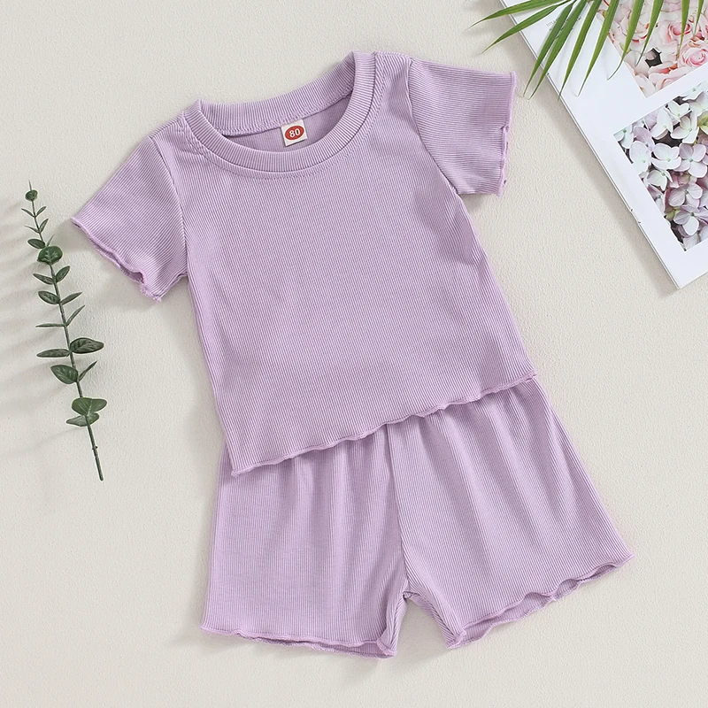 12M-5Y completo da 2 pezzi con orlo arruffato da bambina girocollo manica corta t-shirt a coste tinta unita + pantaloncini elastici in vita