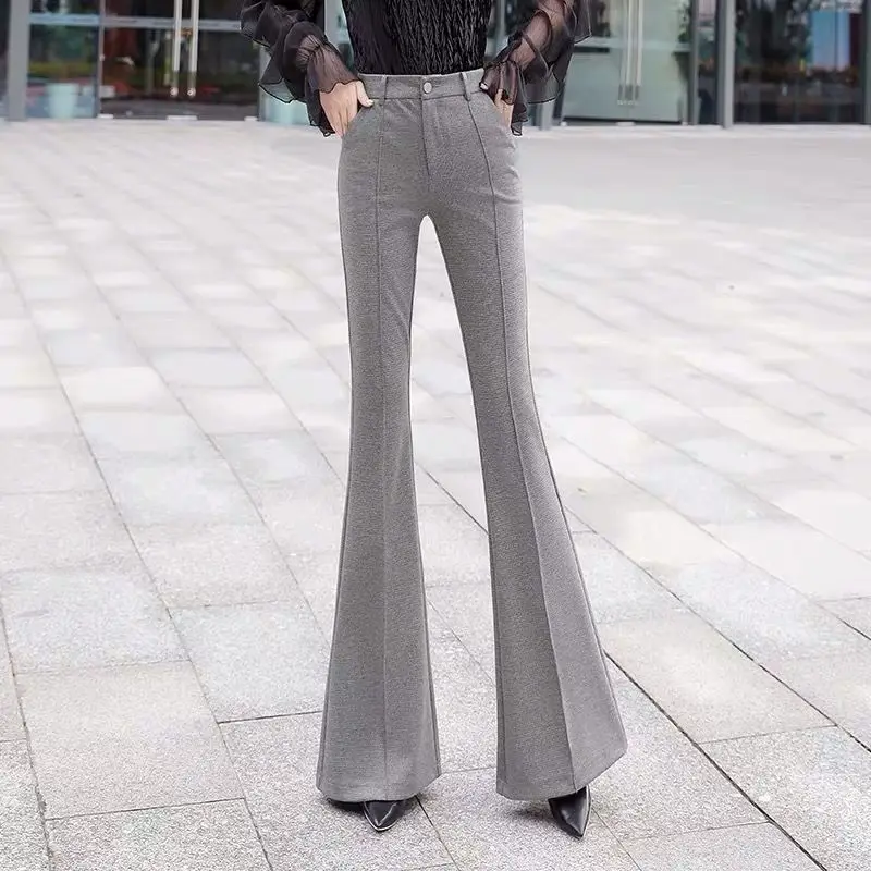 

Women Slimming Flare Pants High Waist Pure Color Cotton Stretch Vintage Ladies Casual Grey Office Lady Flared Trousers Q522