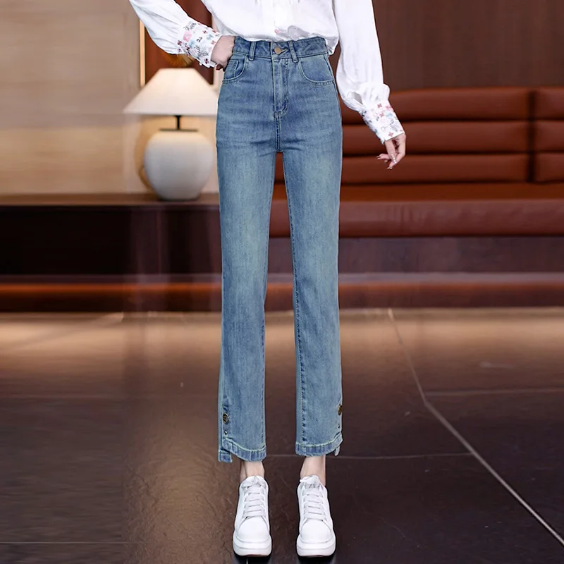 جينز رمادي أسمنتي عتيق للنساء، سروال مستقيم نحيف مبطن بالصوف للخريف، سروال حريم كاجوال