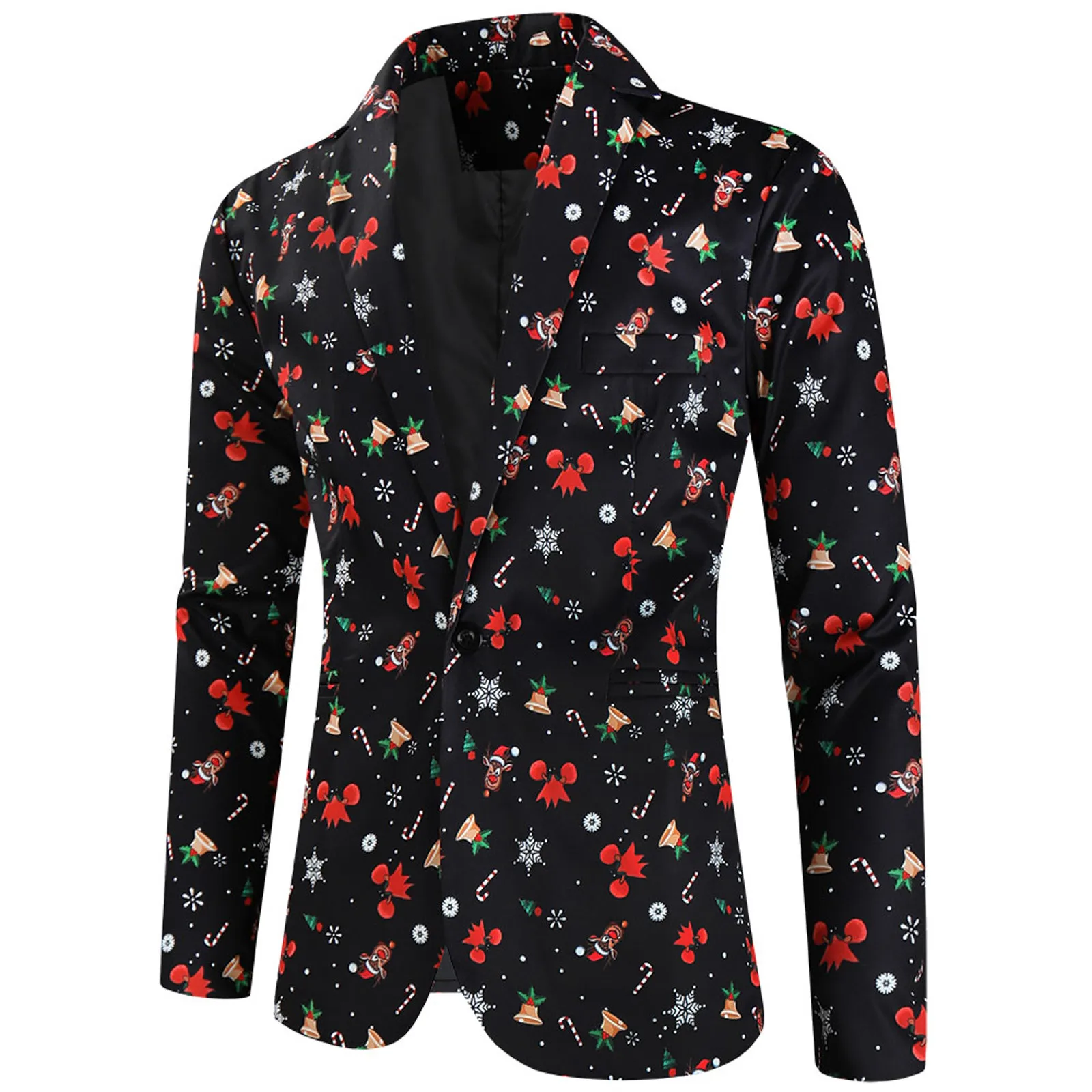 Men\'s Fashionable Leisure Christmas Printed Buttons Long Sleeve V Neck Suit Coat With Pocket Slim Fitting Outwear Blouses