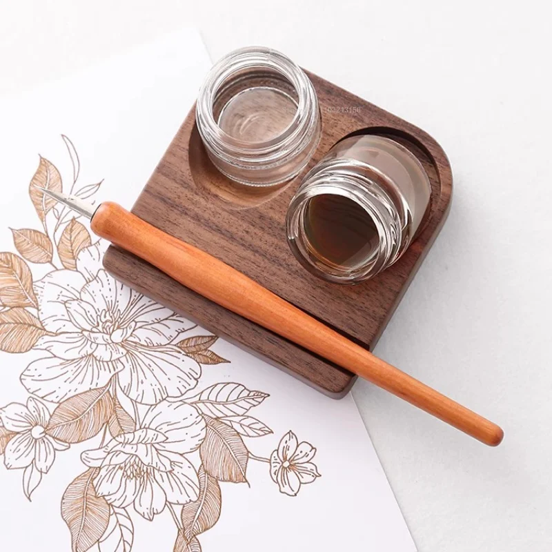 Wooden Pole Glass Dip Pen Ink Holder Sealed Container  Art Writing Comics Illustration/watercolor Painting Art Supplies