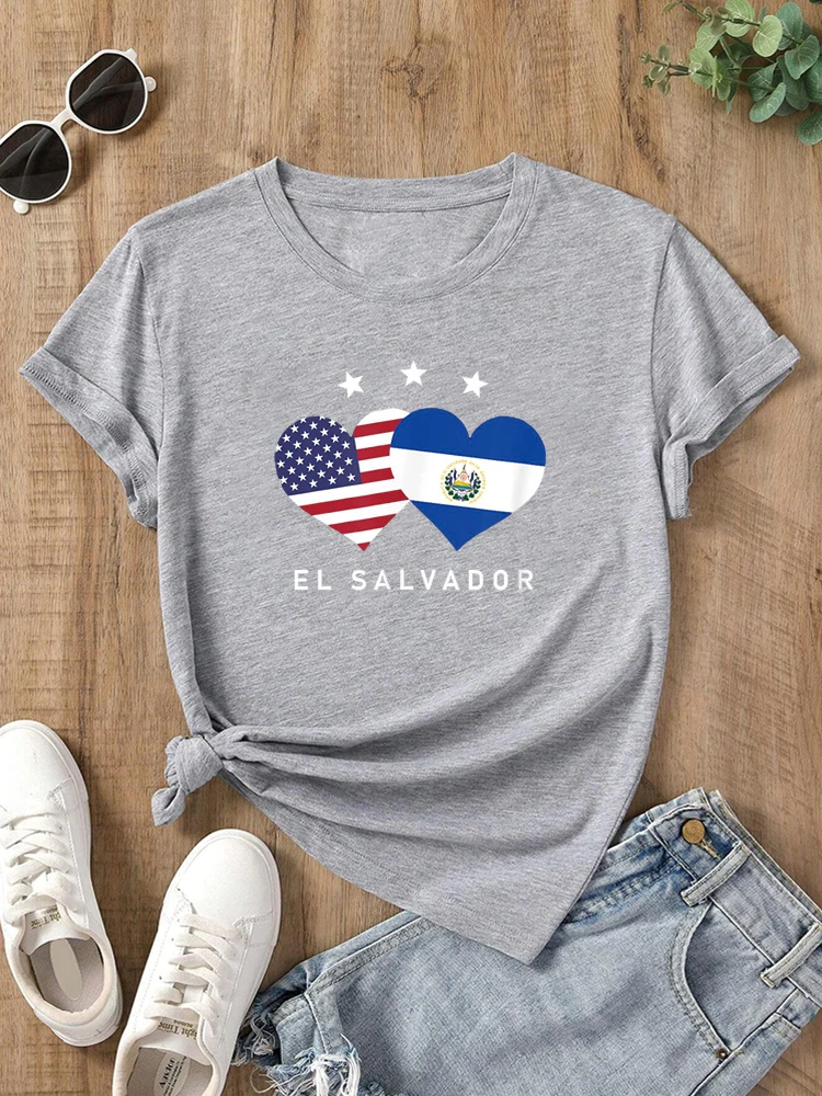 El Salvador Flag USA Flag T-Shirt Love Heart Fun cute tops for teen graphic tees women t-shirts t shirts for women Summer Tops