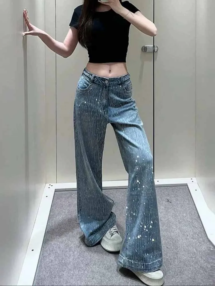 BKQU Luxe Y2K Diamanten Jeans Vrouwen Esthetische Hoge Taille Losse Wijde Pijpen Denim Broek 2025, Mode Sparkly High Street Broek