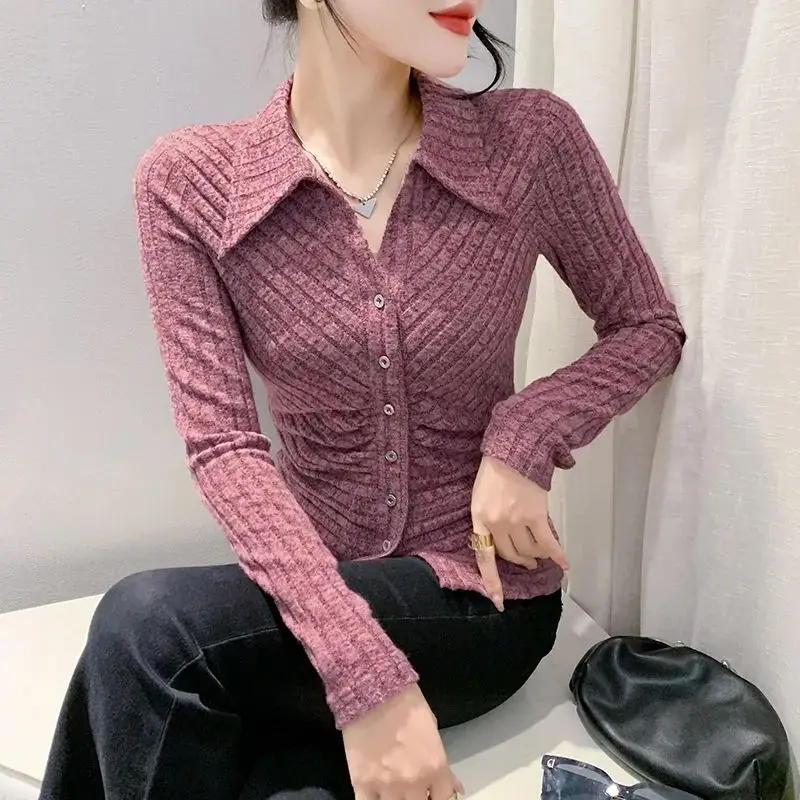 Fashion Lapel Button Korean Solid Color Folds Shirts Women\'s Clothing 2023 Autumn Winter Slim All-match Tops Commuter Blouses