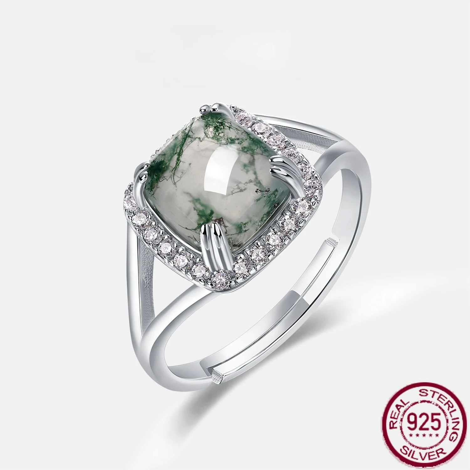 

New S925 pure silver sugar tower shaped natural water grass agate ring, green moss stone bracelet, simple style wedding jewelry