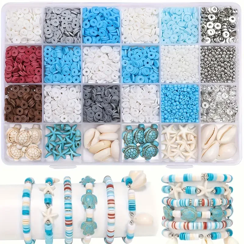 

3200pcs Marine Style Soft Ceramic Bead Kit, containing beads in the shape of shells, turtles, starfish, women's DIY beads making