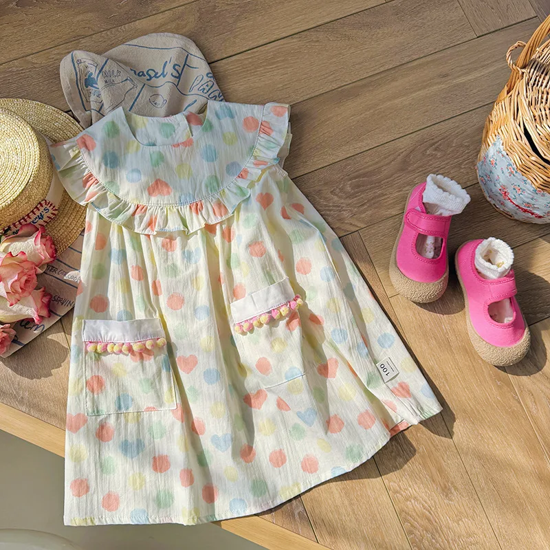 HOT Summer 2026 New Arrival Colorful Polka Dot Girls Dress Korean Style Ruffle Collar Children's Skirt Sweetness Kids Clothing