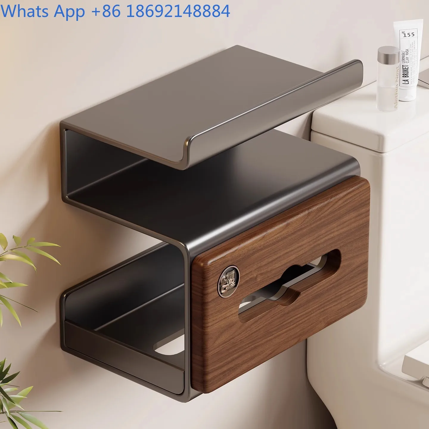 Wooden Bathroom Toilet Paper Holder Wall Mounted No Drill Roll Tissue Rack for Shower Room Storage