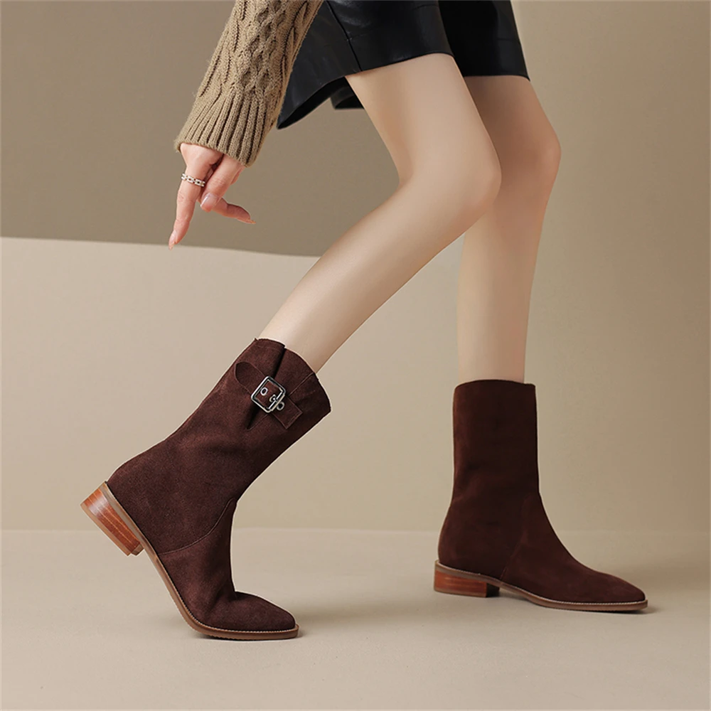 FEDONAS New Mid Calf Boots Women Cow Suede Western Boots Autumn Winter Half Boots Ladies Retro Belt Buckles Shoes Woman Boots