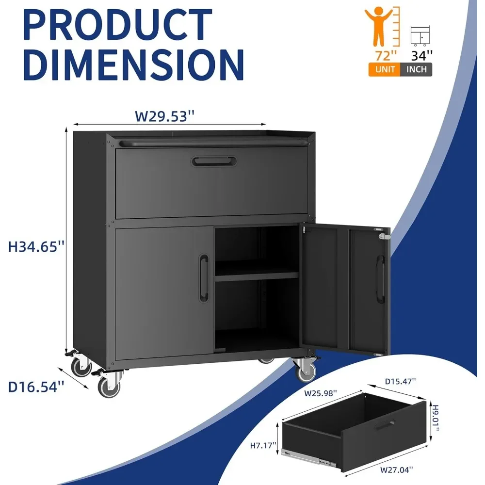 "Rolling Tool Cabinet - 2-Door & 1-Drawer Storage for Garage/Tool Room (Assembly Required)"​