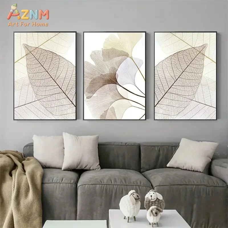 3pcs AZNM Minimalist Transparent Skeleton Leaf Ginkgo Botanical Canvas Wall Art, Warm Neutral Tone Light Luxury Nature Poster, E