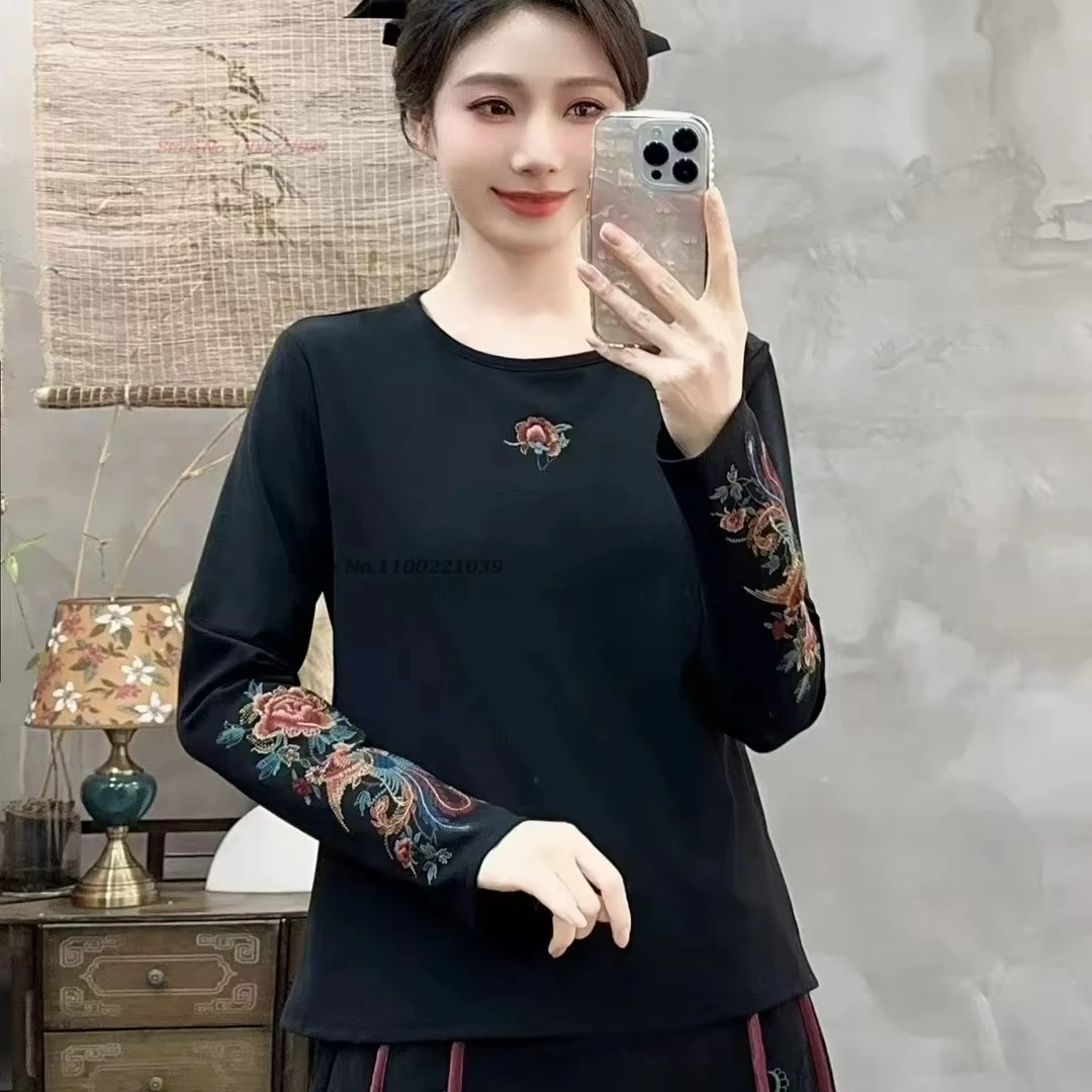 

2025 chinese traditional t-shirt national flower embroidery o-neck folk shirt vintage hanfu tops oriental ethnic base shirt