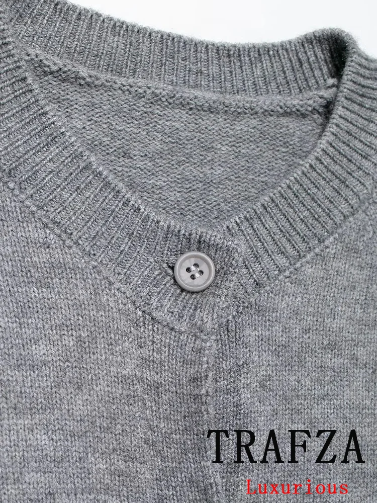 TRAFZA Vintage Casual Chic sweter damski jednolity, dekolt w kształcie litery \