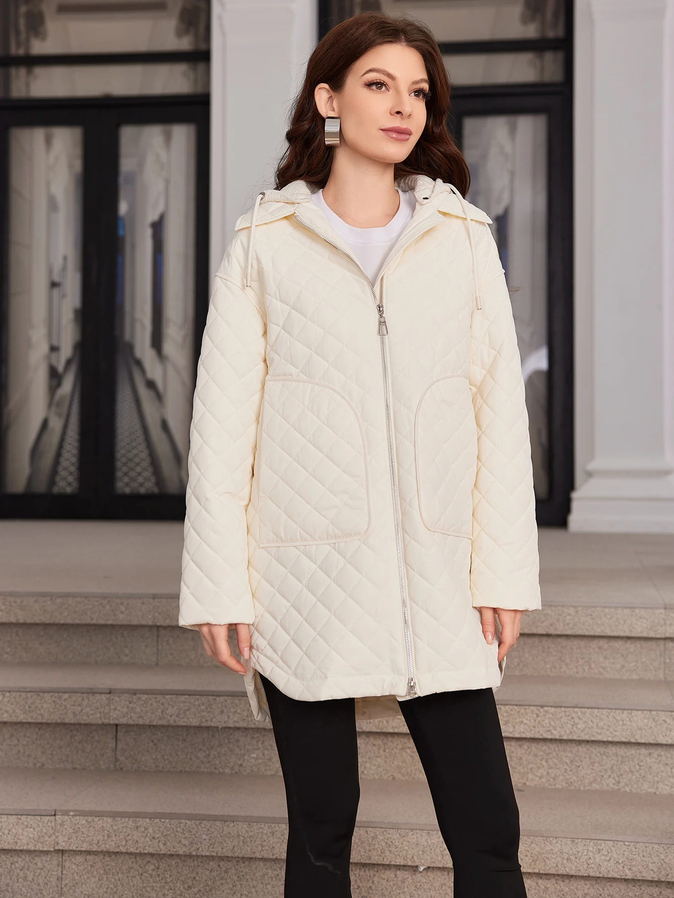 Cinemore-Chaqueta de plumón de longitud media para mujer, Parkas clásicas con cremallera, diseño de Bolsillo grande, cuello alto, abrigos delgados con capucha, 80363