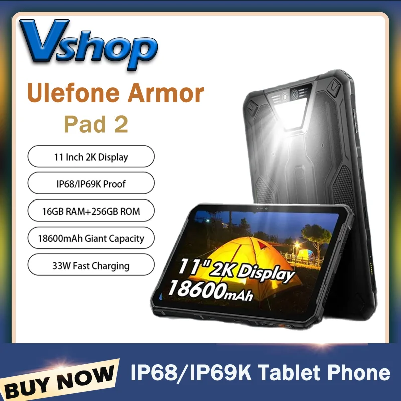 Ulefone Armor Pad 2 Rugged Tablet 11 Inch 2K Up to16GB+256GB Android 13 IP68/IP69K 18600mAh 4G Octa Core NFC Tablet PC