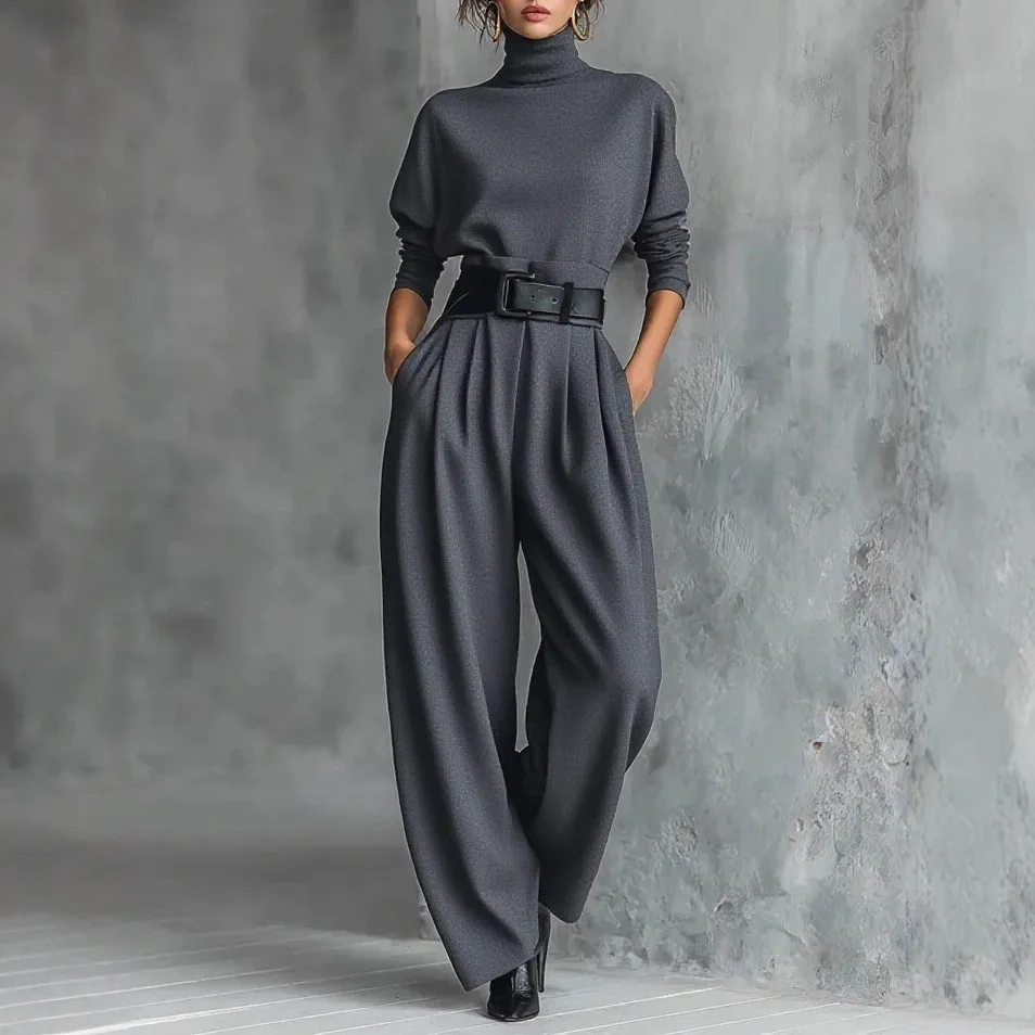 Casual Matching Outfit High Neck Blouse With Belt High Rise Trousers For Ladies