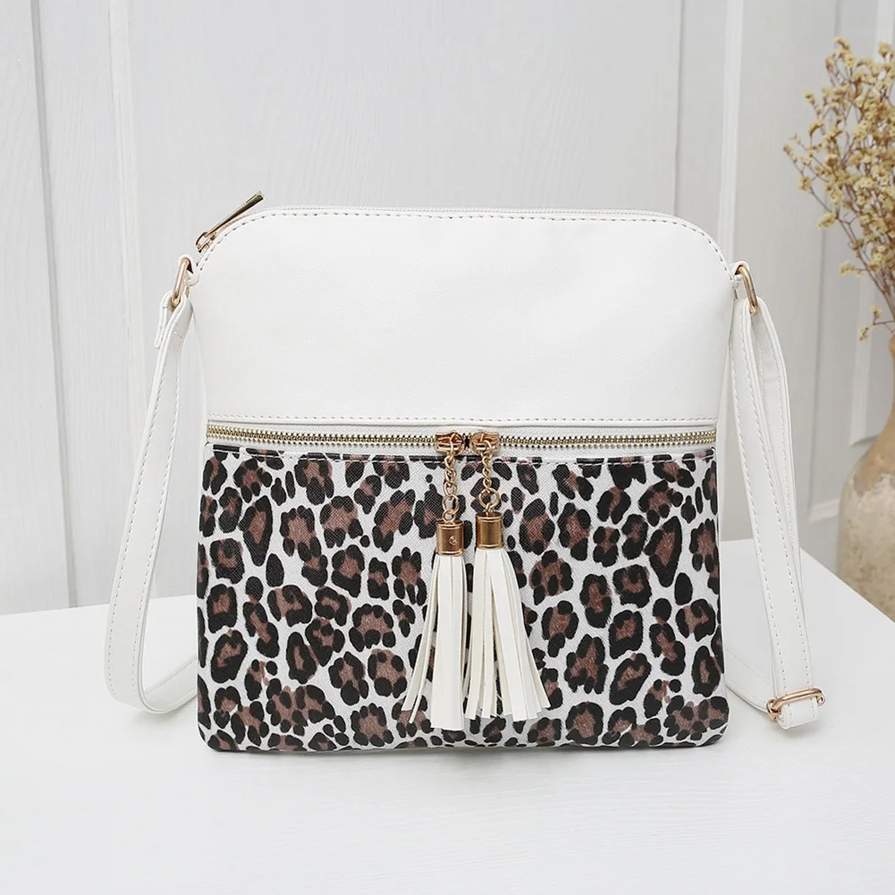 Bolso de borla con estampado de leopardo en contraste para mujer, bolso colgante de un solo hombro con borla Doble