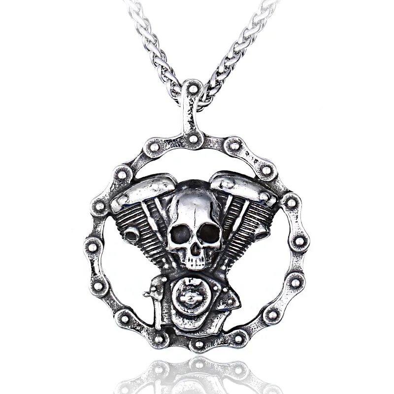 Retro Punk Wind Mechanical Chain Engine Skull Disc Pendant Necklace Men\\\'s Hip Hop Gothic Motorcycle Jewelry Wholesale