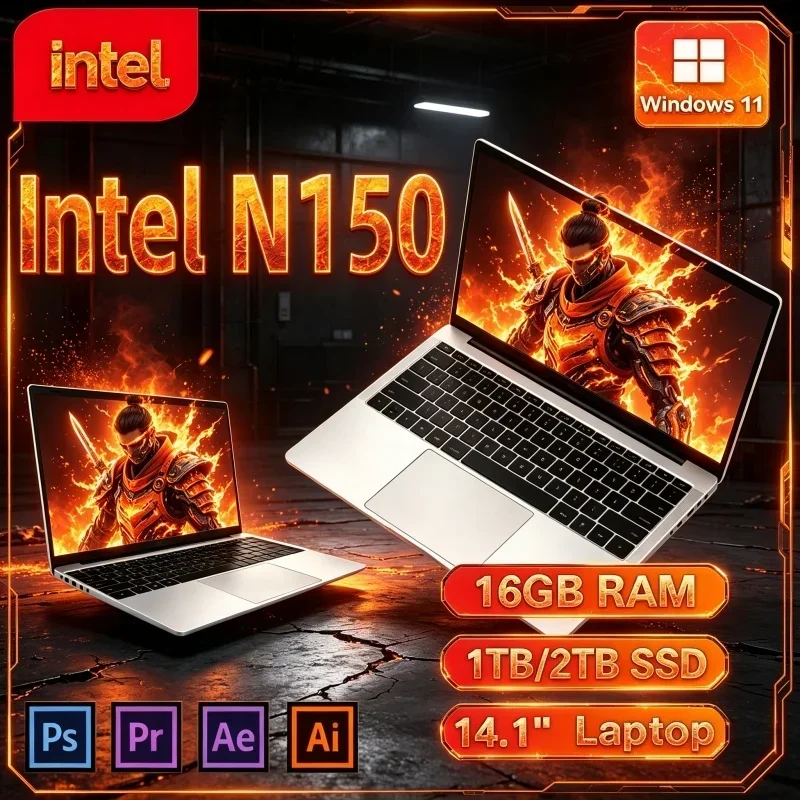 Hot New Intel Core N150 14.1 Inch Ultra Slim Laptop 16GB 32GB 2TB Win11 Gaming Study Office Notebook