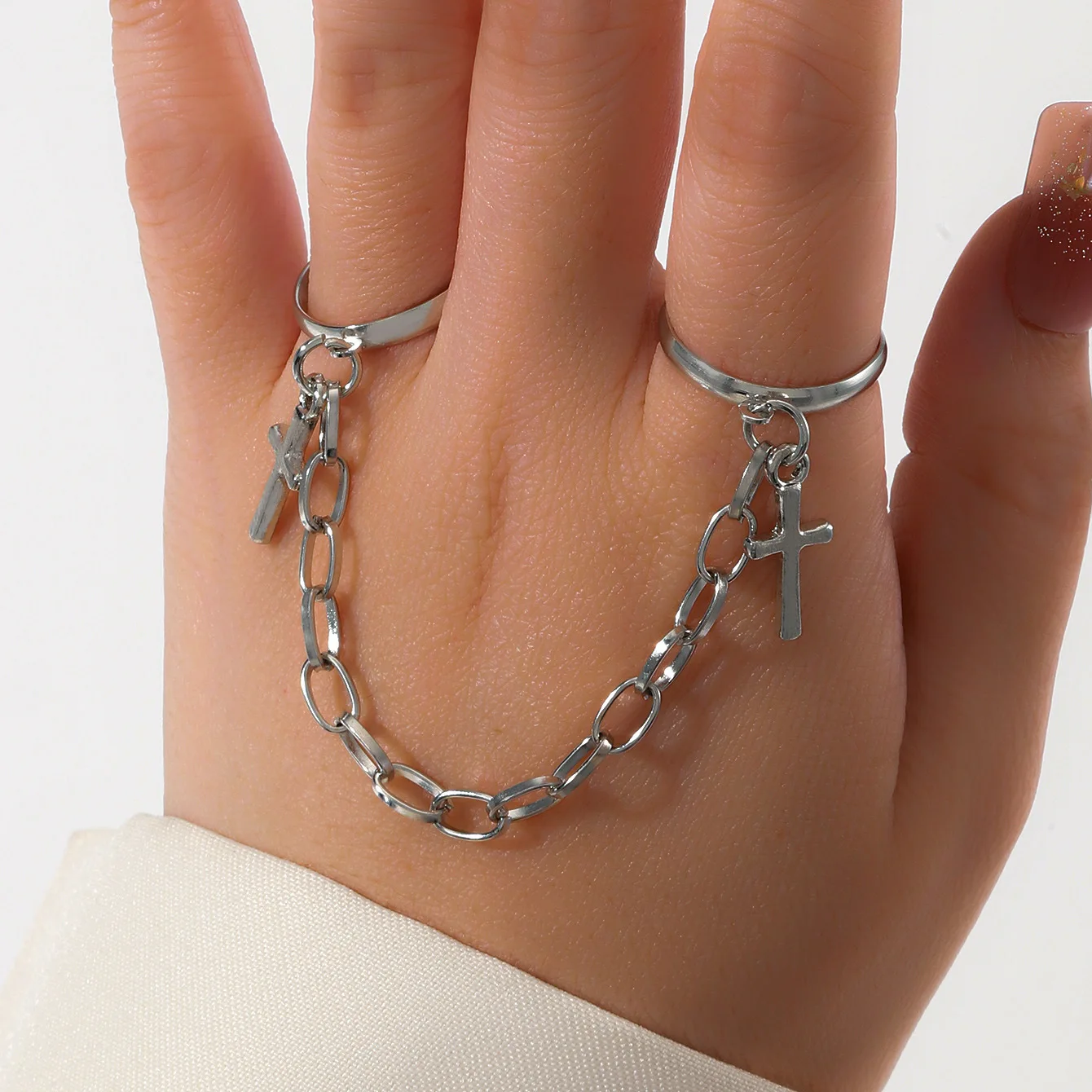 عبر اثنين من الاصبع سلسلة متصلة حلقة مفتوحة للرجال والنساء ، شخصية نمط الهيب هوب ، الأزياء الكورية الشعبية ، بيع بالجملة