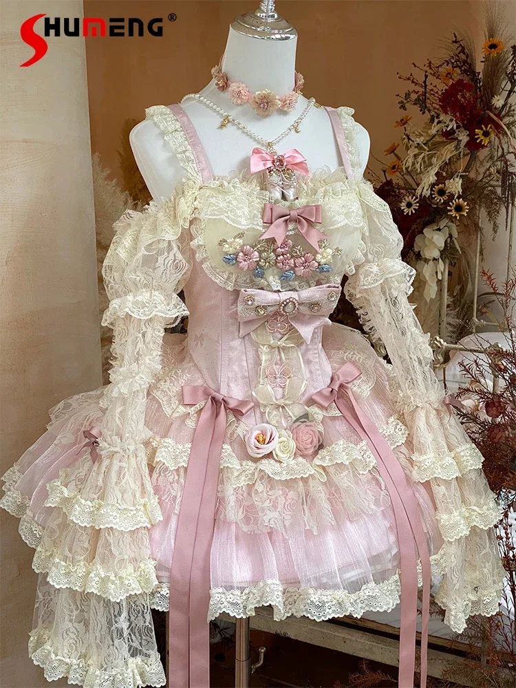 

Pink Lolita Dress Women's Exquisite Elegance Slim Fit Bow Ribbon Lace Splicing Princess Dress Lady Birthday Party Dress Summer