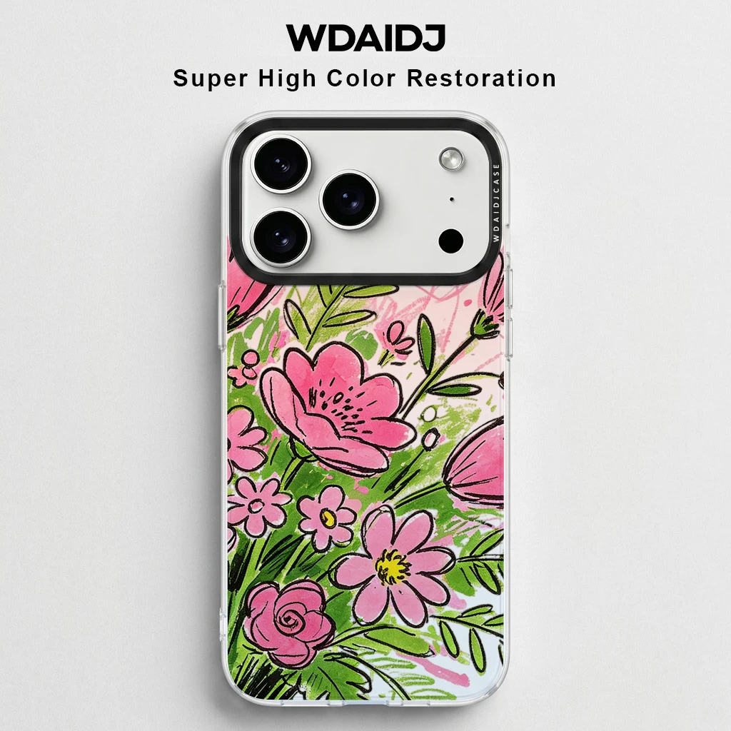 

Vibrant Pink Floral Sketch Print Phone Case For iPhone 17 16 15 14 13 Playful Graffiti Style Anti Scratch Clear Cover