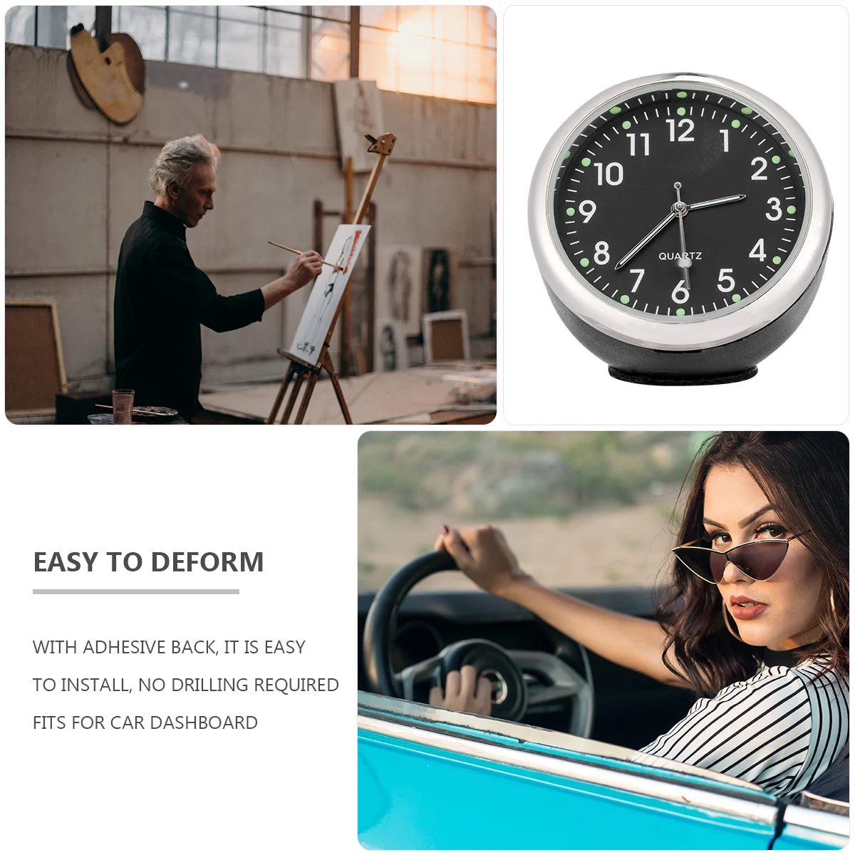 Clock Easy Installation Lightweight Car Dashboard Quartz Desktop Shine Home and Office Luminous Plastic Glass Accurate Time