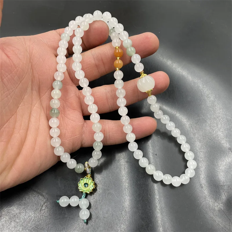 6mm Winding 3 Circles White Background Qingtian Mountain Jade Ball Bracelet Women's Jewelry Necklace