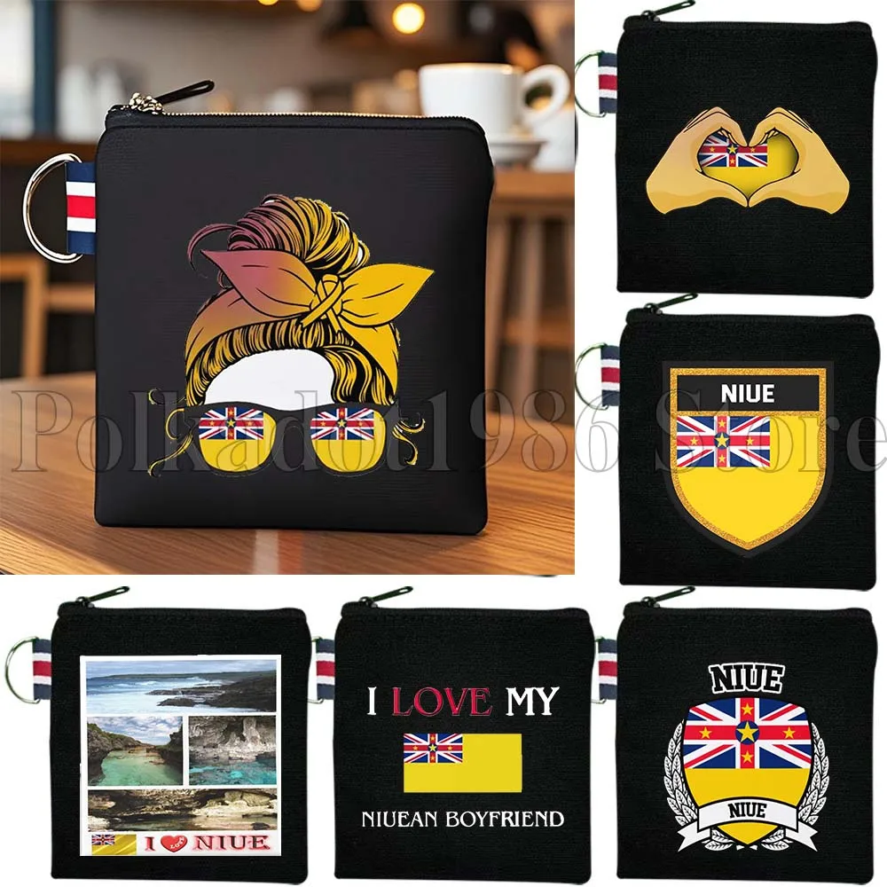 Niue Flag Map Love Heart Niuean Gifts Canvas Coin Purse Bag Small Square Key Bag Storage Card Bag Cotton Wallet Zipper Pouch