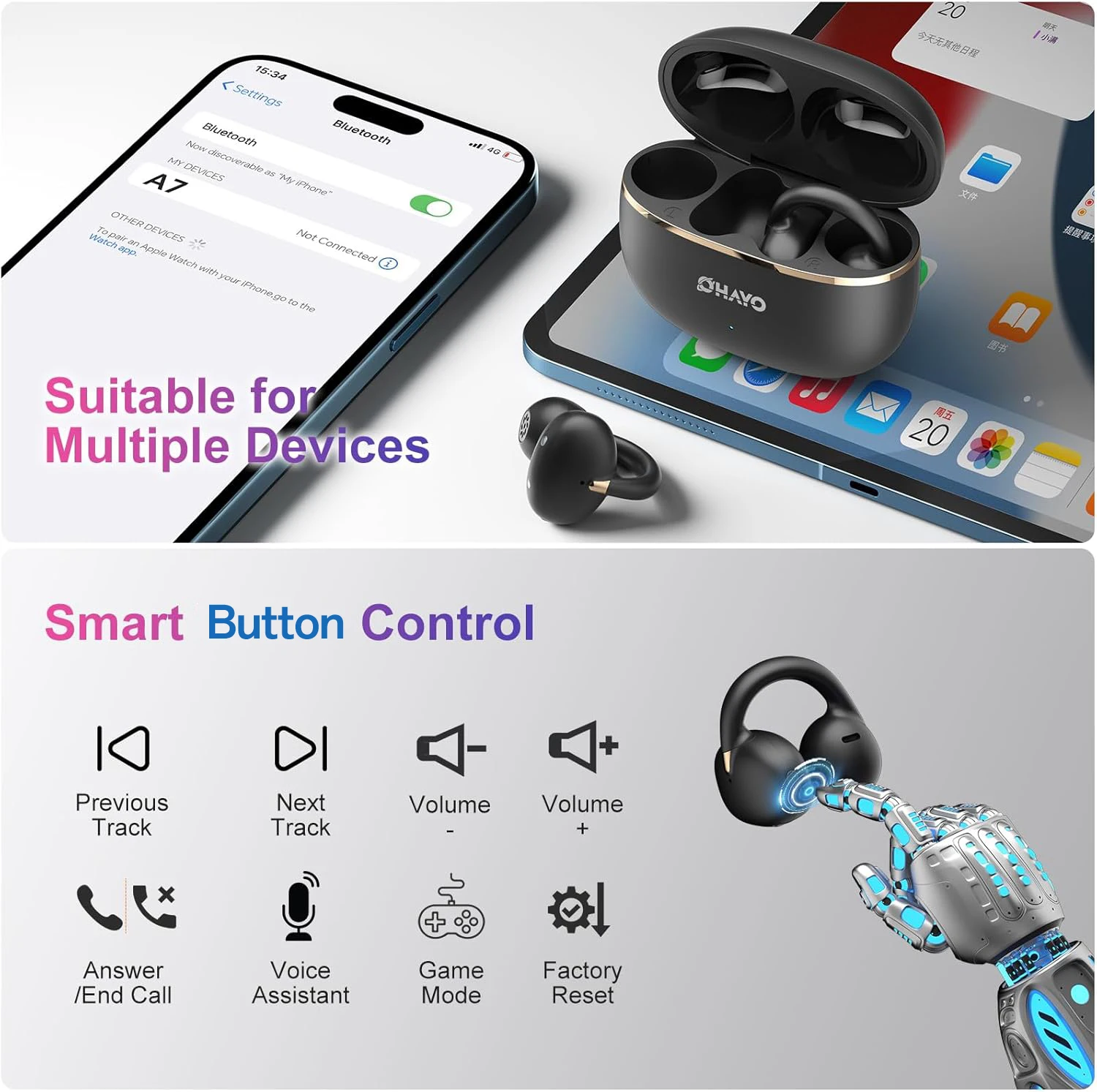 Ortizan OHAYO-A7 Clip-On-Ohrhörer, leichte, bequeme Open-Ear-Kopfhörer, kabellose Sportkopfhörer mit ENC AI 4-Mikrofonanrufen – Detail 24