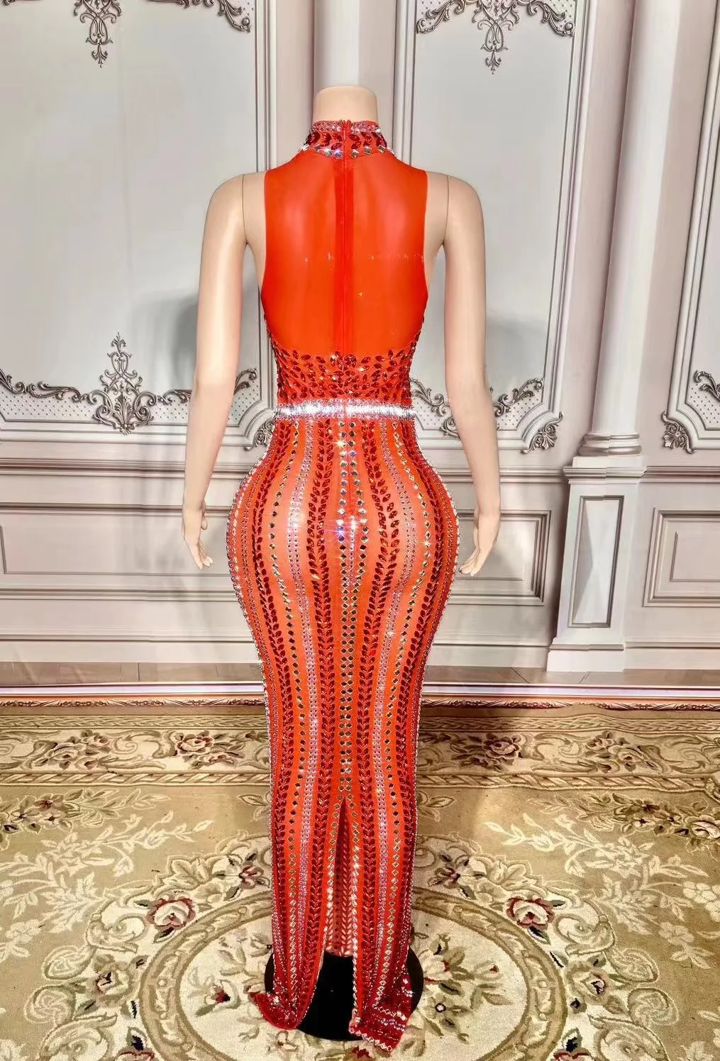 Luxurious Rhinestones Mesh Transparent Sleeveless Long Dress for Women Sexy Birthday Celebrate Evening Prom Dresses