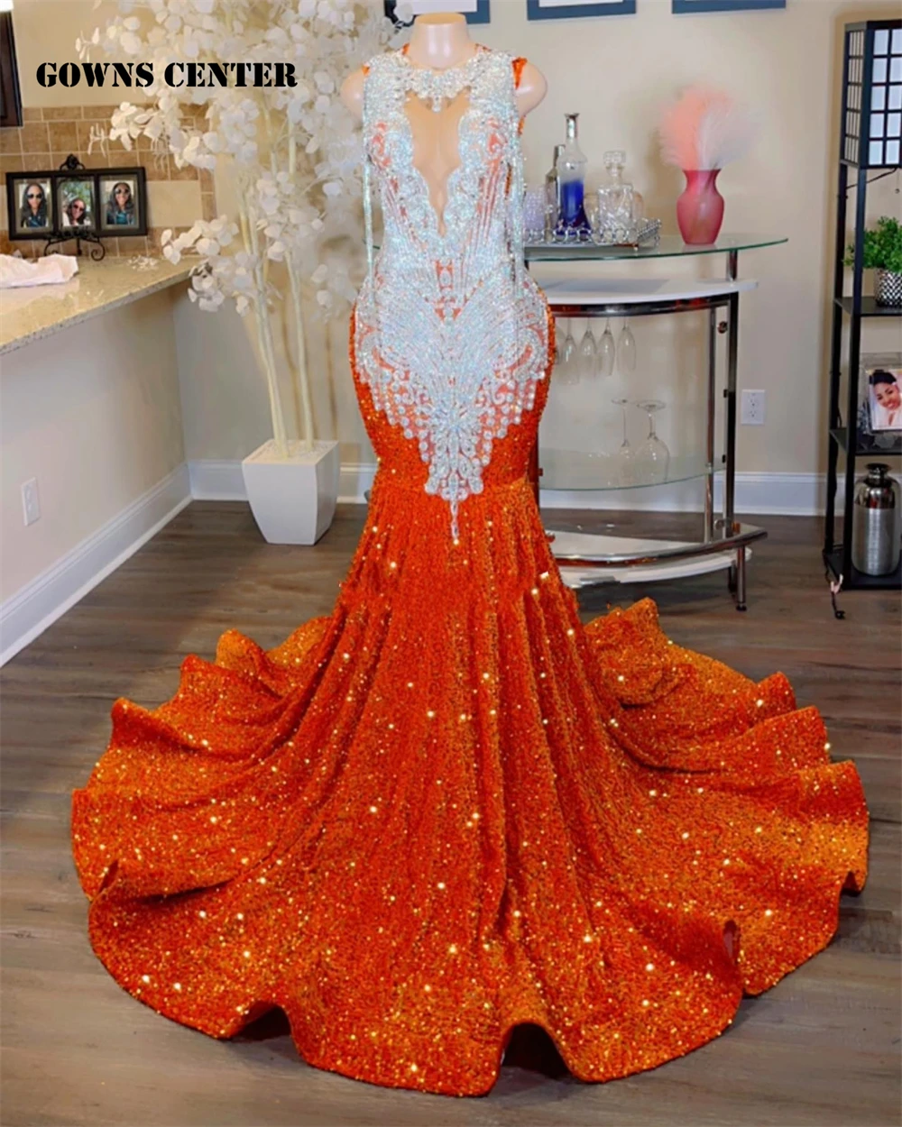 Silver Crystal Beading Luxury Orange Sequin Prom Dresses 2024 For Black Girl Tassels Mermaid Wedding Evening Dress Customized