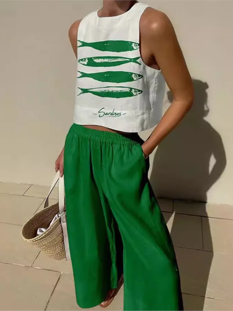 Sommer-Druck-Set für Damen, lässig, O-Ausschnitt, ärmellos, Pullover, Tops + Hose mit weitem Bein, 2-teiliges Set für Damen, Urlaub, Strand, Damenbekleidung
