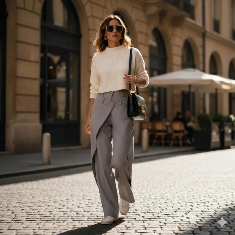 

Women's French Style High Waist Wide Leg Pants Spring Irregular Loose Fit Casual Trousers Chic Outfit For Office Daily Commute