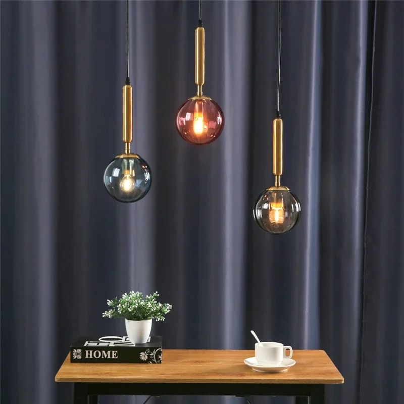 Modern Colour Glass Ball Chandeliers LED Simple Pendant Lights Vintage Mirror Bedroom Lamp Living Room Decor Home Light Fixtures