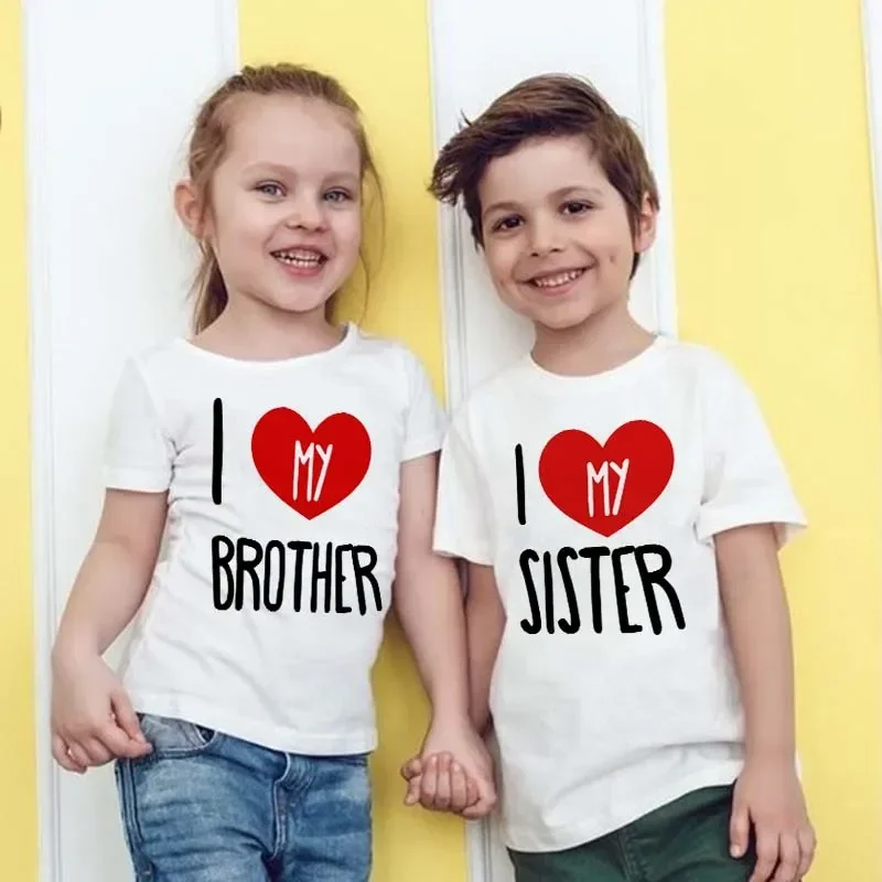 Summer Sibling Matching T-shirts 'I Love My Sister' 'I Love My Brother' Short Sleeve Kids T-Shirts for Boys And Girls