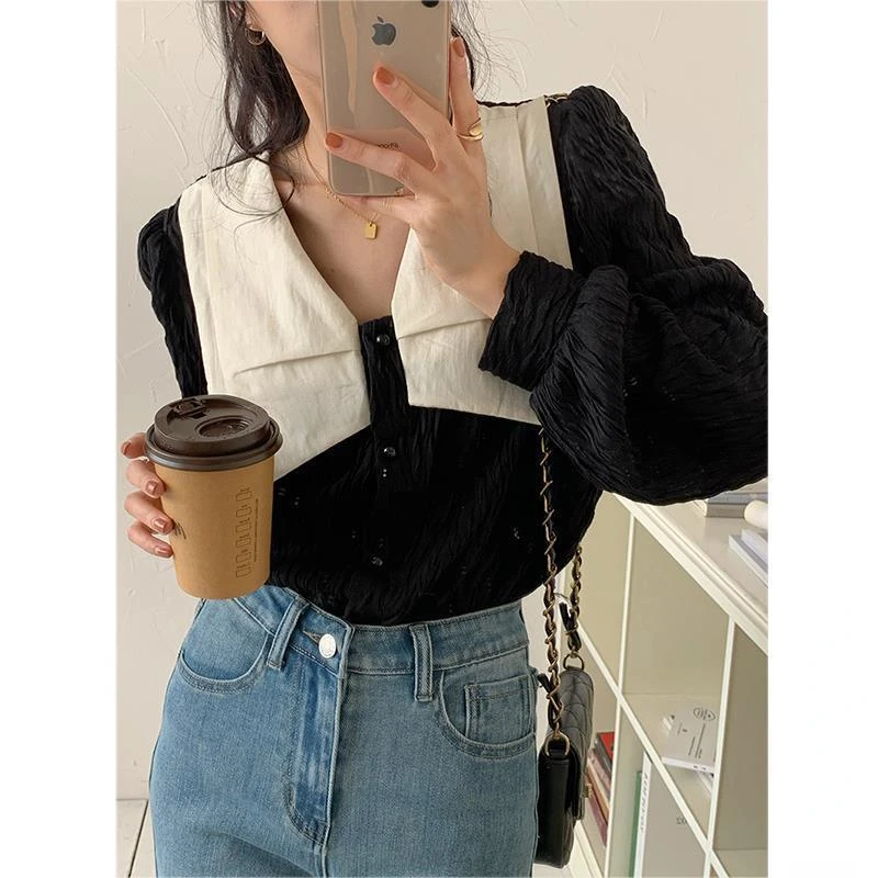 Simple Autumn Elegant Single-Breasted Blouses Women New Korean Loose Casual Vintage T-Shirts Long Sleeve Chic Sweet Tops Female