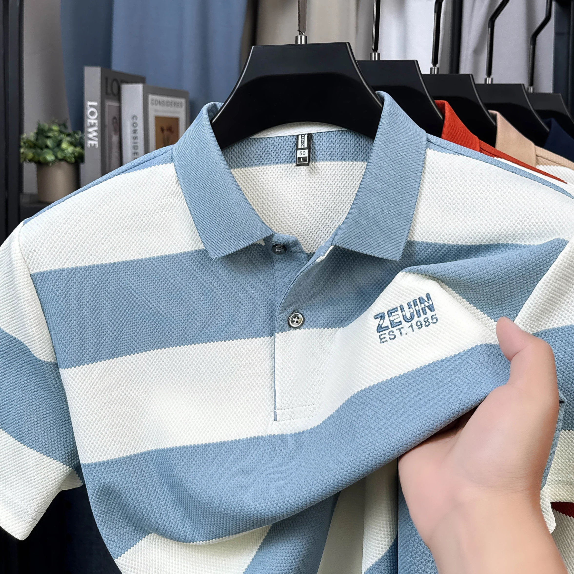 

Мужская полосатая рубашка-поло с коротким рукавом, летняя классическая посадка, мягкий эластичный полиэстер, повседневная футболка для гольфа, дышащий топ