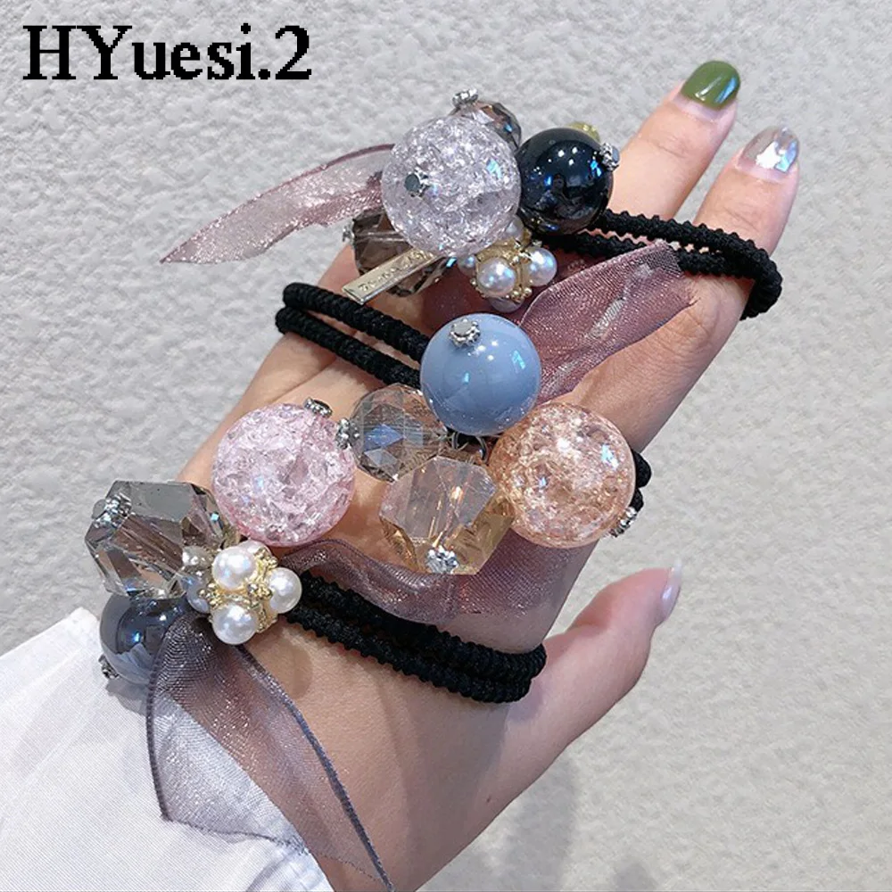 Fashion Rhinestone Beaded Hair Tie Bracelets Elasitc Crystal Pearl Hair Scrunchies Women Girls Ponytail Holder Elegant Headwear