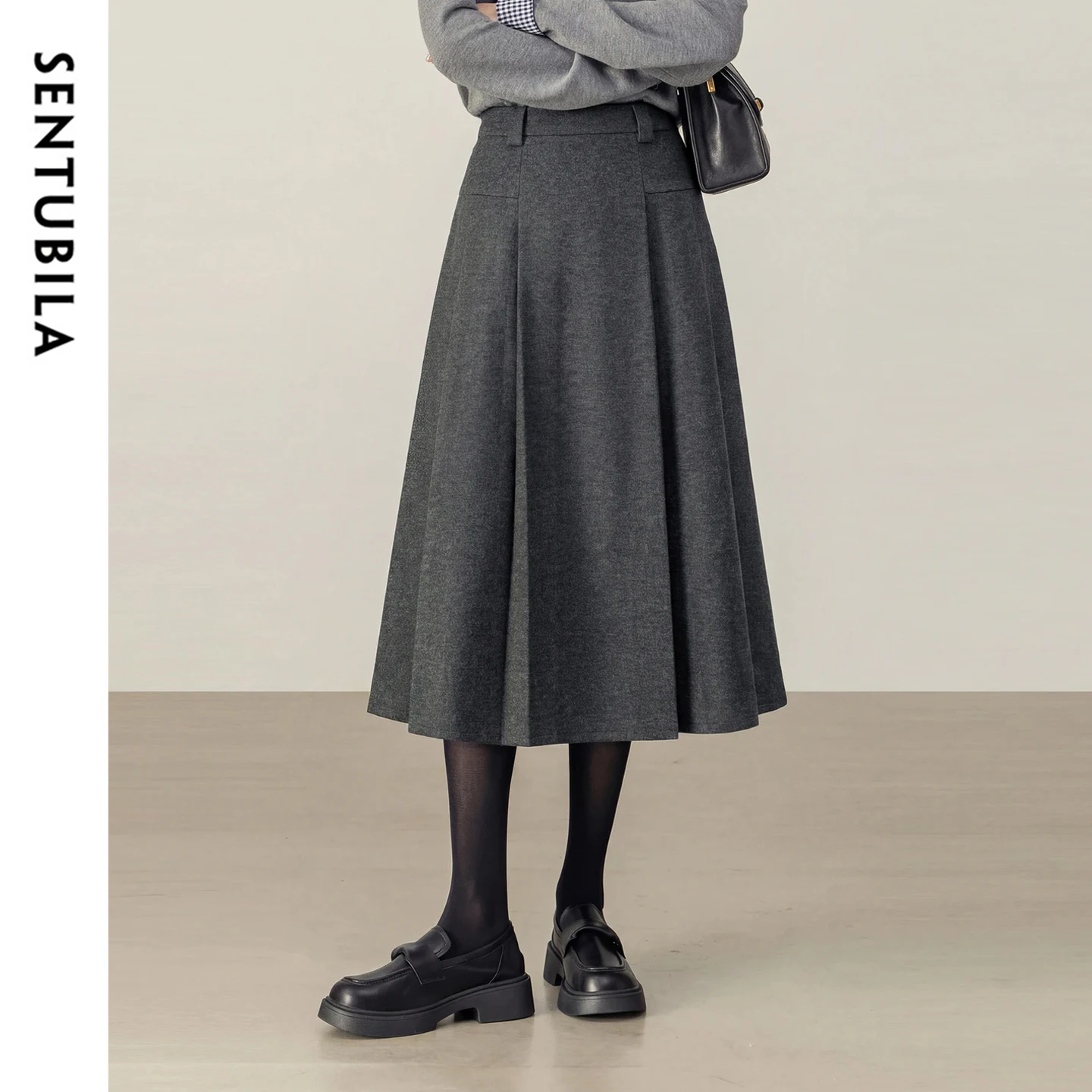 SENTUBILA Wool Blend Skirt Women 2026 New Office Wear Loose Long A Line Pleated Skirt Spring Elegant Female Clothing 164QB6612